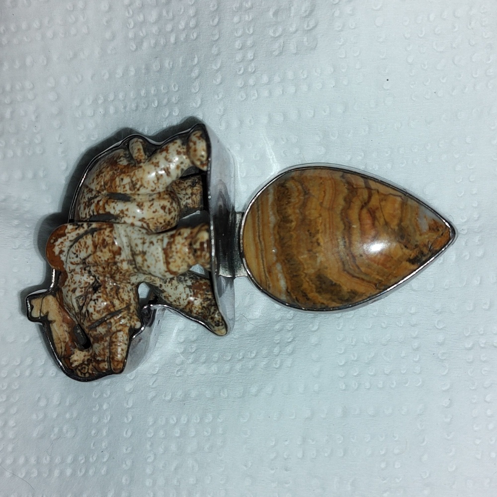 Sterling Silver Elephant Pendant Brooch AKR Natural Stone Carved Amy K Russell